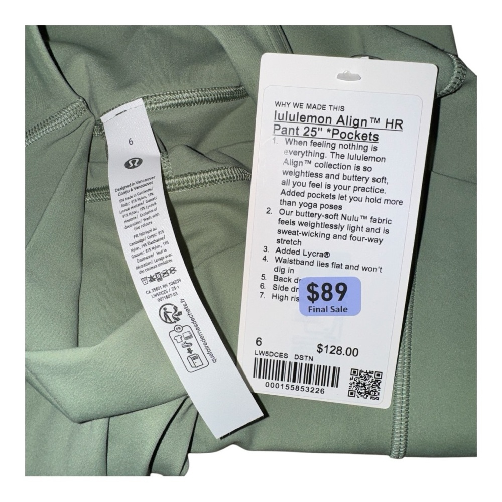 Lululemon Align High-Rise Pant with Pockets 25" Desert Green Sizes 4 & 6 NWT - Picture 9 of 9